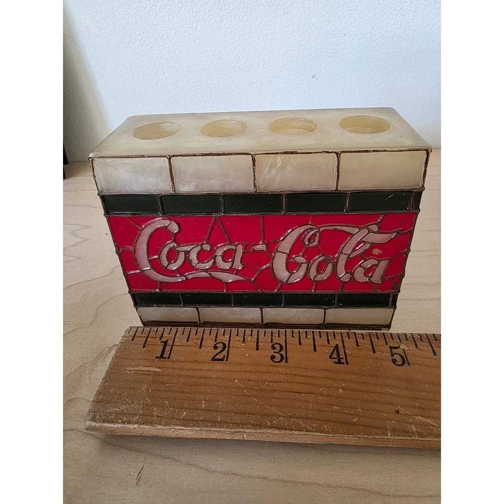 Vtg Coca-Cola Stained Glass Mosaic Style Soap Dispenser/Toothbrush Holder Set